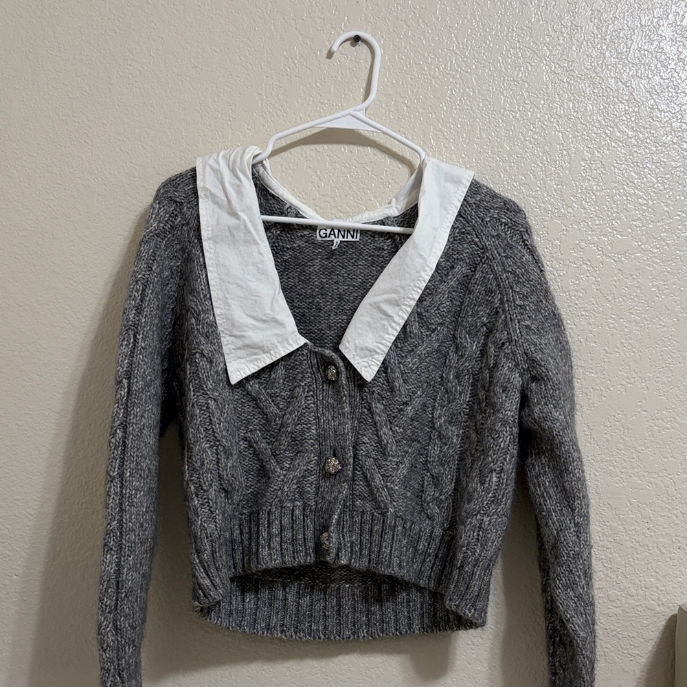 Ganni Charcoal Cable Knit Cardigan with White Collar